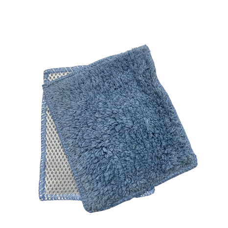 Two soft cornflower blue microfiber cleaning cloths with textured and mesh backing for home improvement use