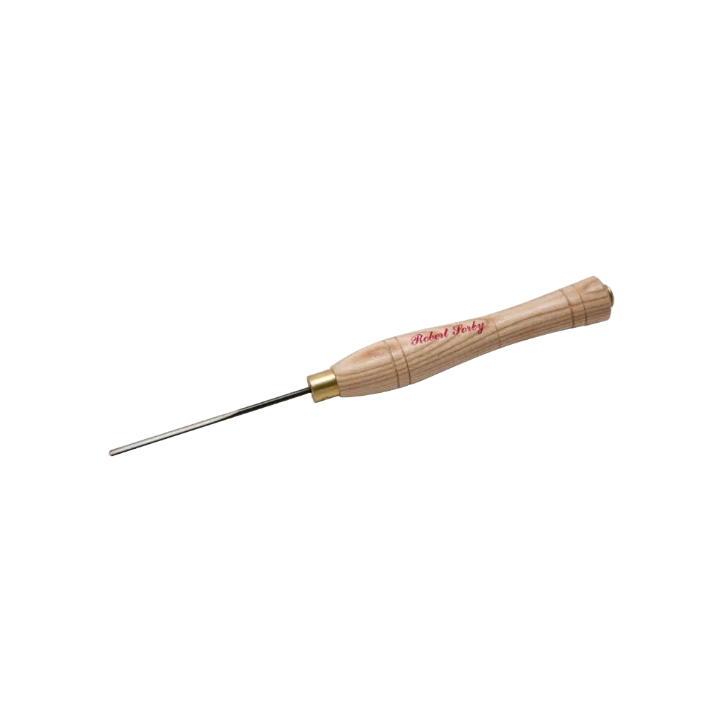 Wood-handled micro spindle gouge with metal blade for detailed woodworking in Robert Sorby tool collection.