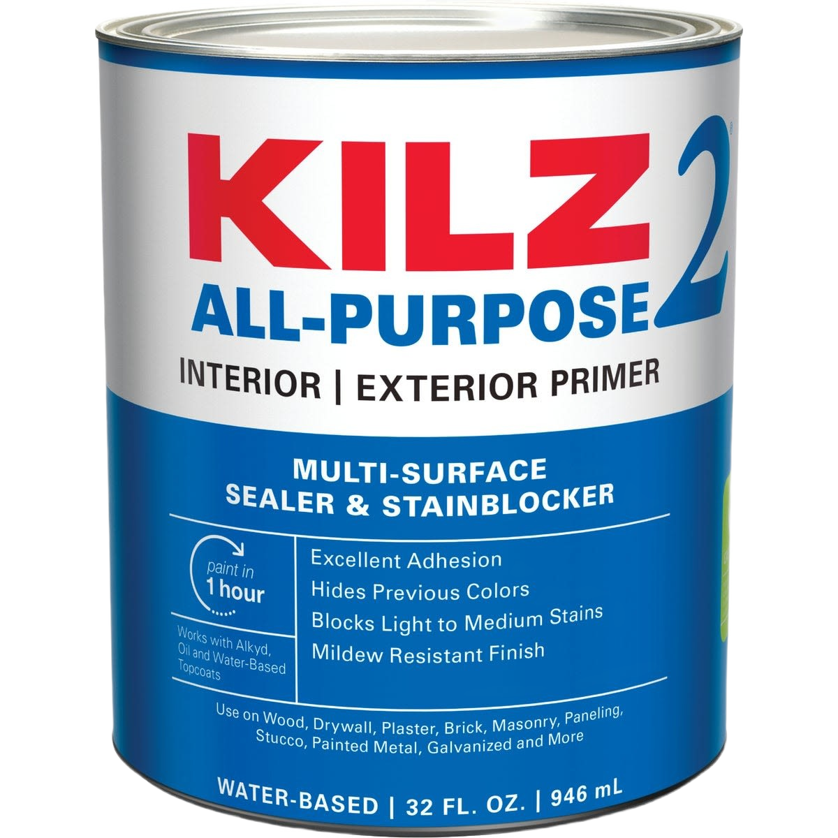 Blue and white 32 oz can of KILZ latex primer and sealer for interior and exterior home improvement use