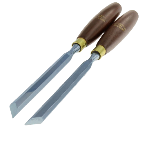Pair of wooden-handled skew chisels with polished steel blades for woodworking and home improvement tasks