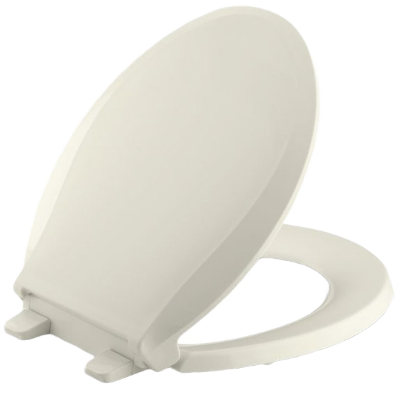 Off-white round front toilet seat with quick-release hinges designed for easy cleaning and home improvement use