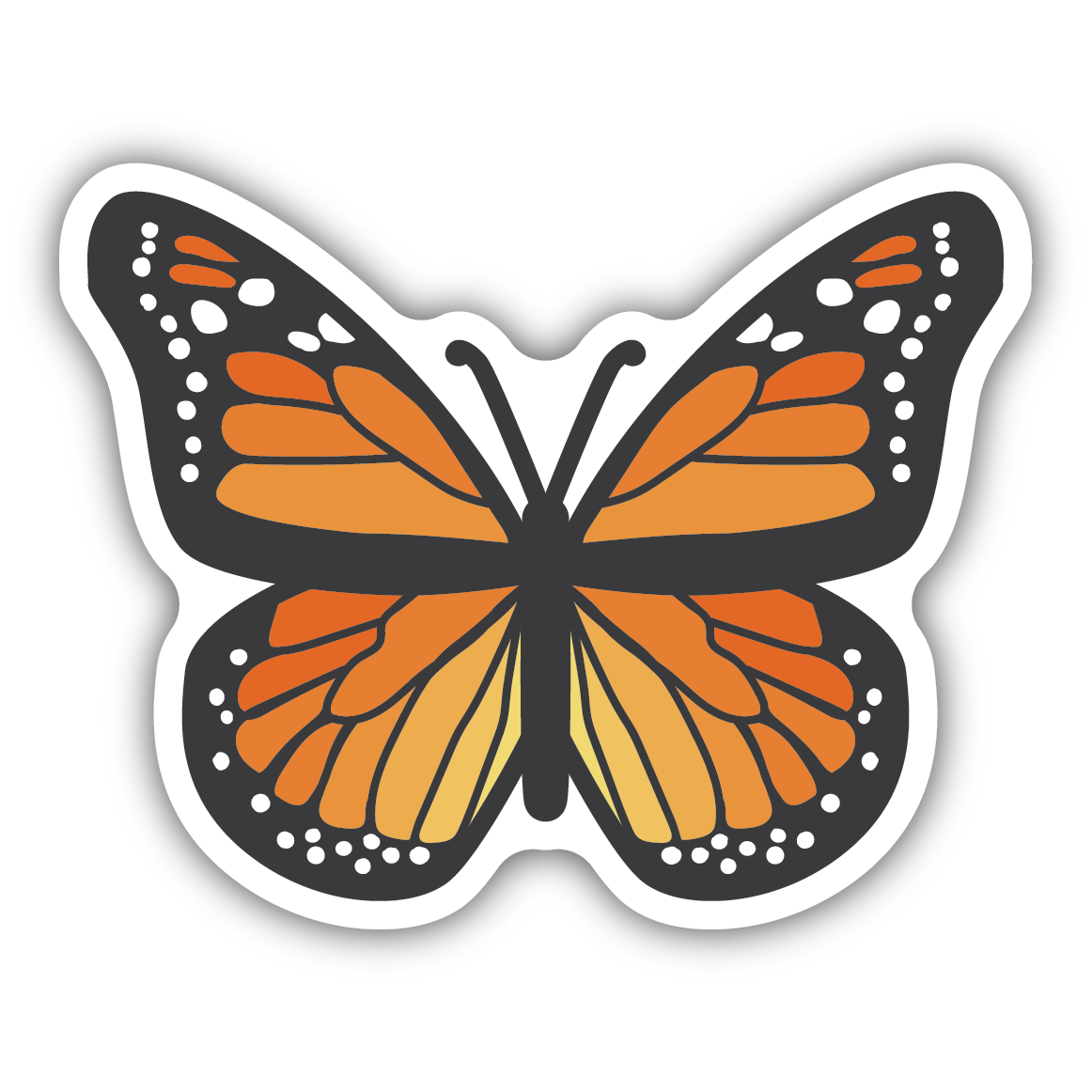 Orange and black monarch butterfly illustration sticker with white border suitable for decorative use on various surfaces
