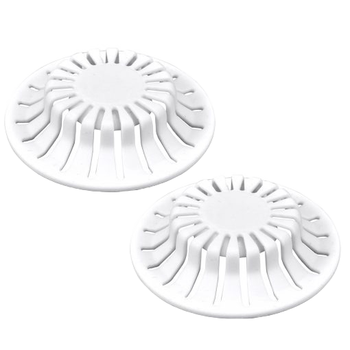 Two white plastic hair catchers with slotted design for bathroom sink drain protection in plumbing parts and repair collections