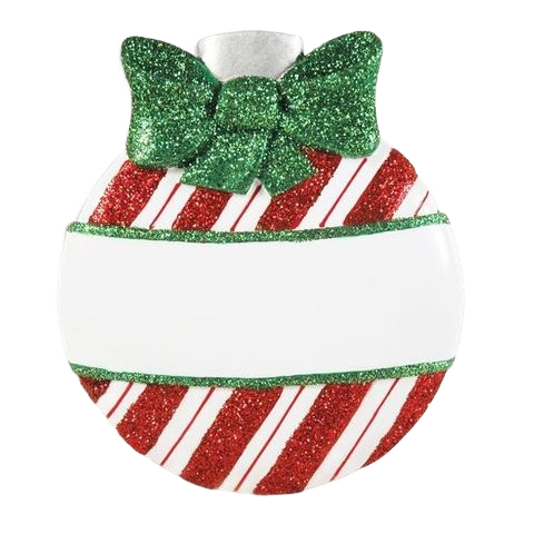Christmas ball ornament with red and white stripes, green glitter bow, and blank area for custom message in holiday collection