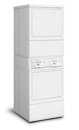 White stacked commercial dryers with electronic homestyle controls and cycle status lights in appliances collection