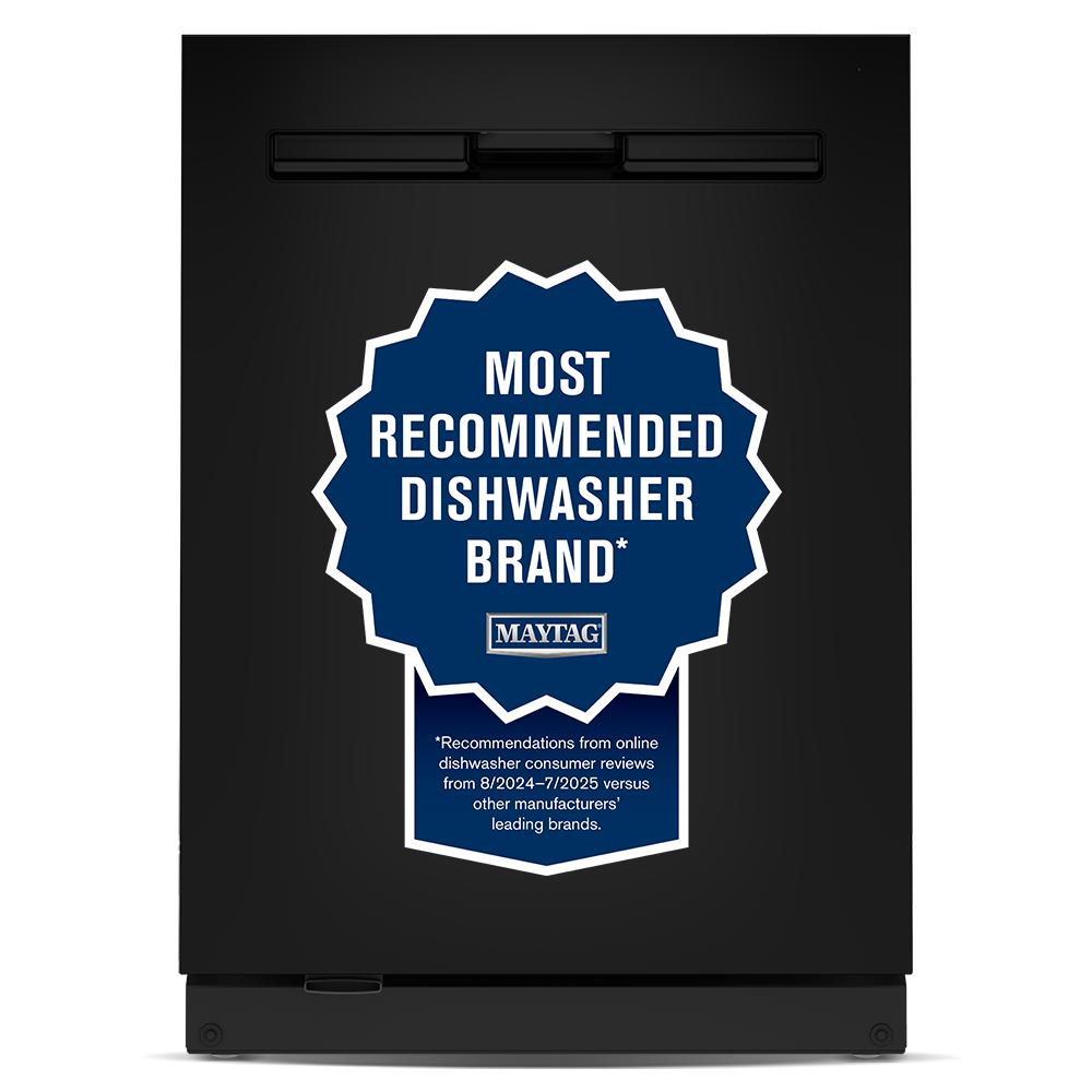 Black freestanding dishwasher front with endorsement badge for top recommendation in dishwashers and kitchen appliances