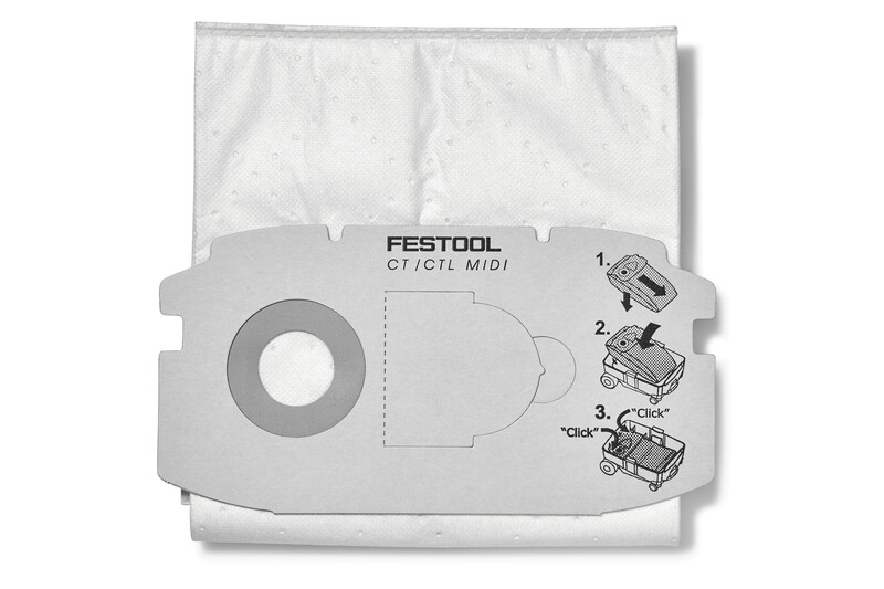 White self-cleaning filter bag with gray collar for Festool dust extractors in woodworking tools collections