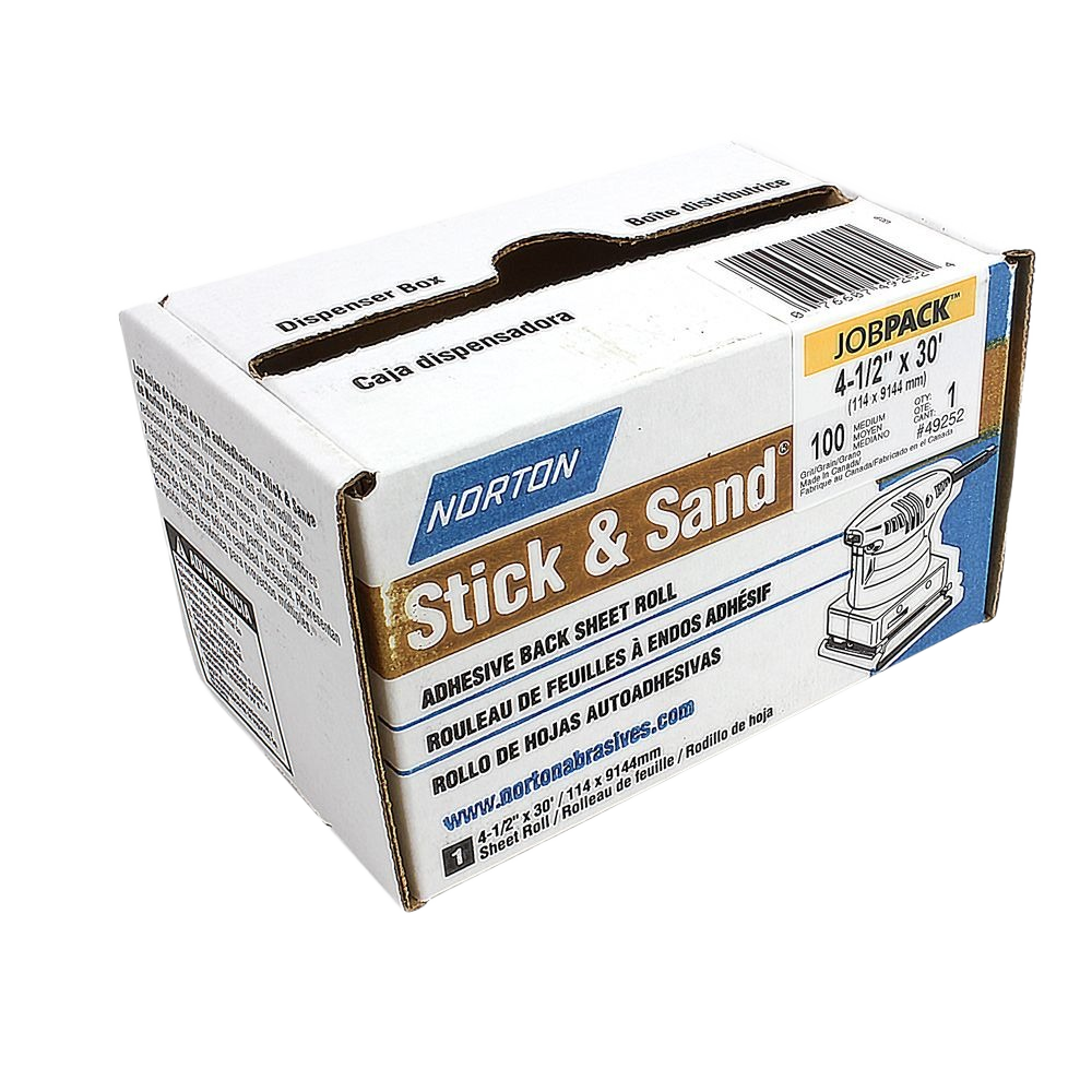 Box of Norton abrasive adhesive-backed sheet roll for sanding with 100 grit, designed for tools and home improvement use