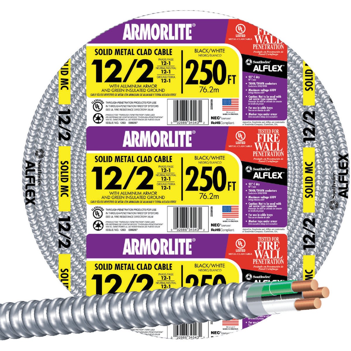 Roll of aluminum armored cable with solid metal clad design and black, white, and green wires for home improvement use