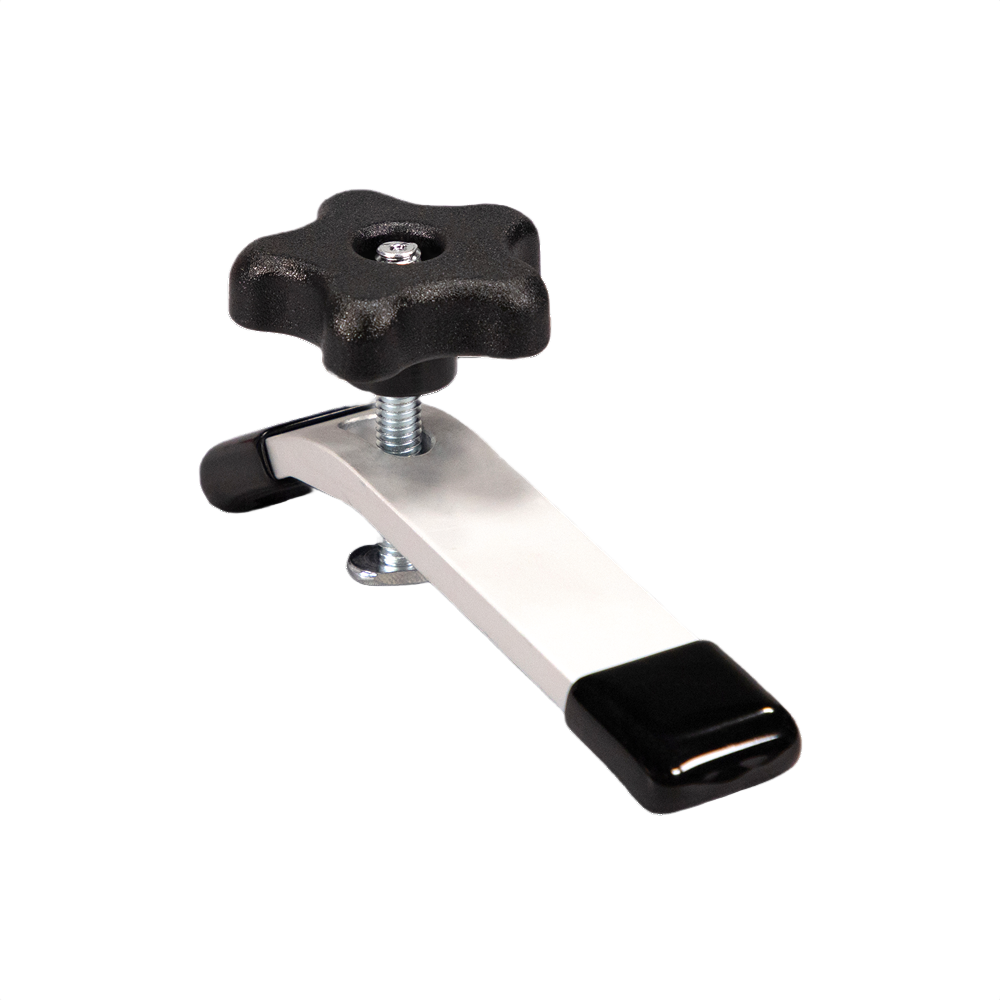 Metal hold down clamp with star-shaped black knob and protective plastic end caps for securing workpieces on CNC tables