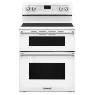 White electric 30-inch five burner double oven convection range with digital display, control knobs, and stainless steel accents, part of Ranges, Electric Ranges, Kitchen & Kitchenware, KitchenAid, Appliances, and Ranges & Cooktops collections.