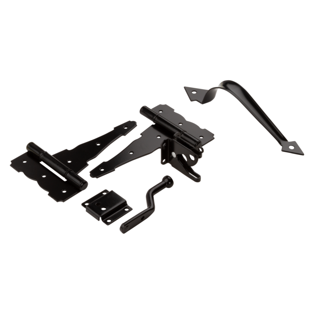 Black plated steel gate kit including hinges, latch, and handle for gate hardware and door accessories collections