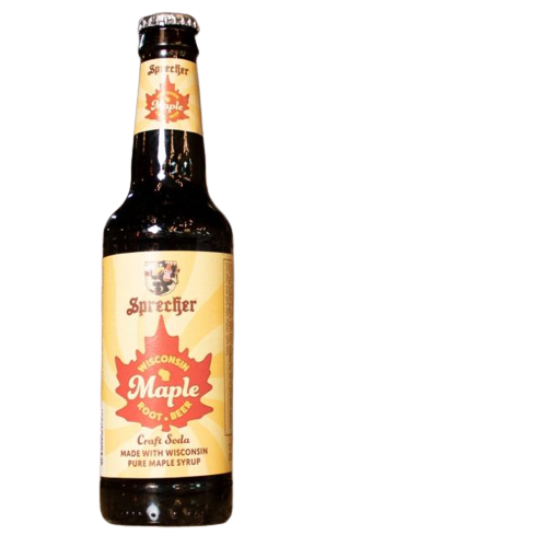 Glass bottle of Sprecher craft soda featuring maple root beer made with Wisconsin pure maple syrup