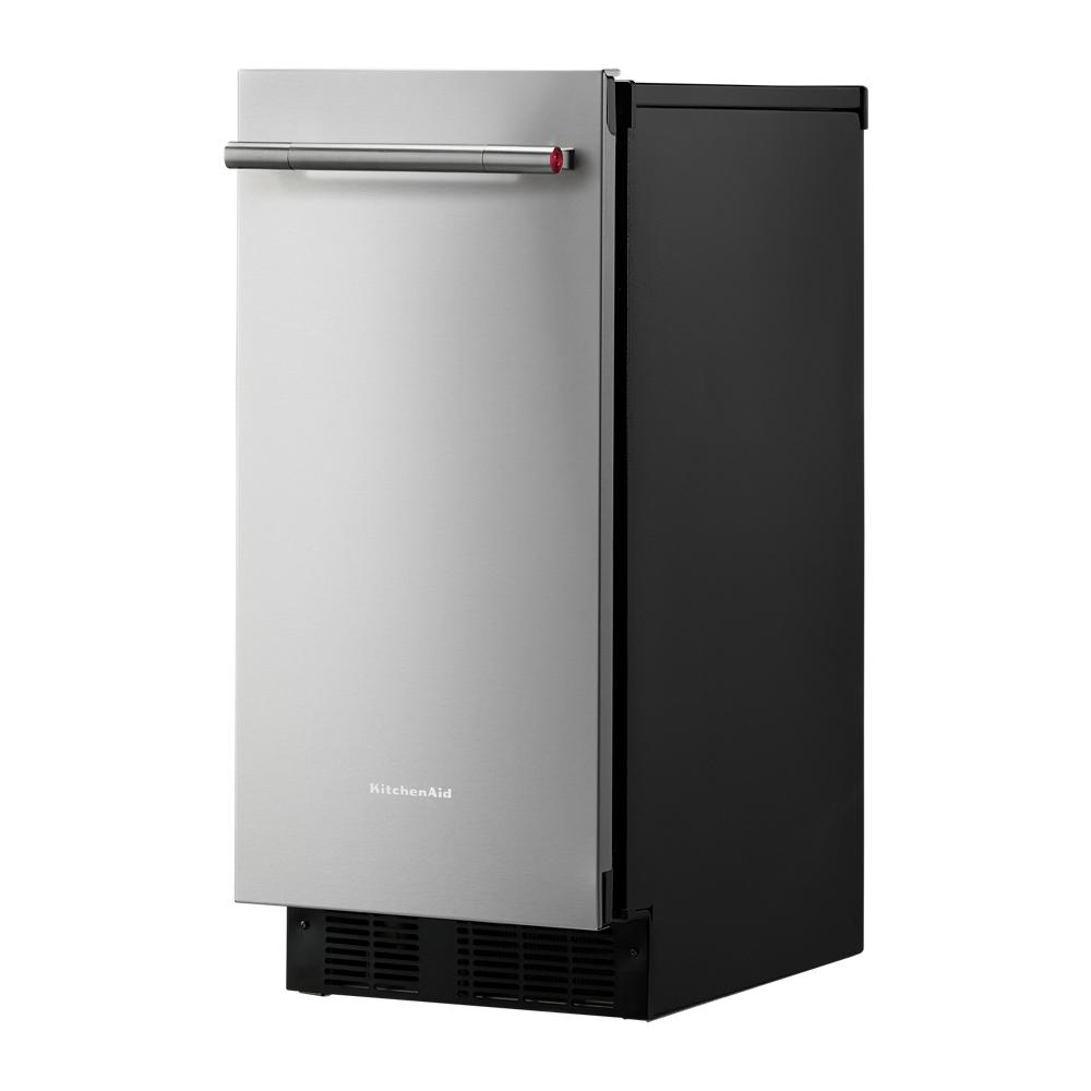 Side view of a stainless steel front automatic ice maker with horizontal handle from appliances collection