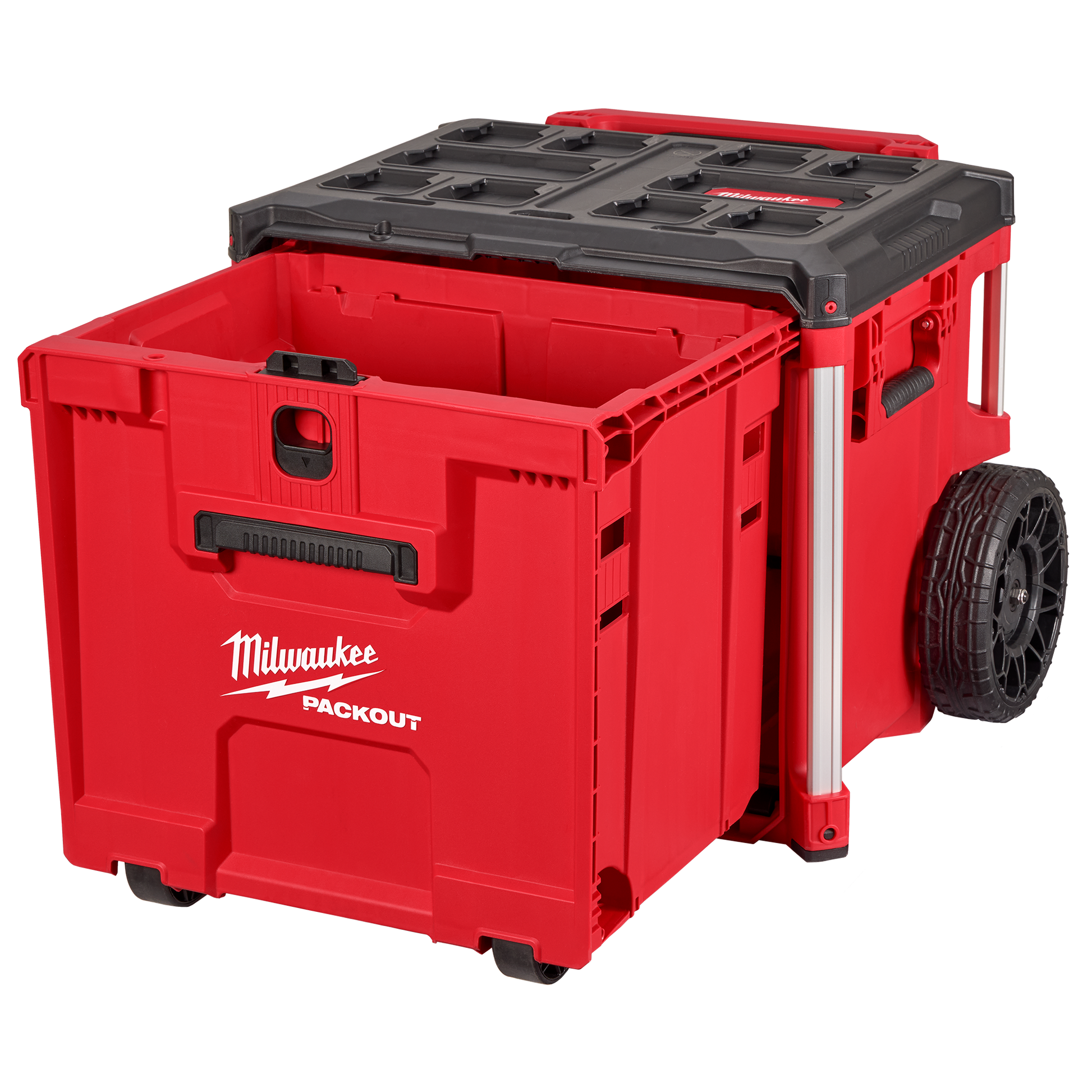 Red heavy-duty Milwaukee PACKOUT™ rolling drawer tool box with large wheels and modular storage for workshop organization