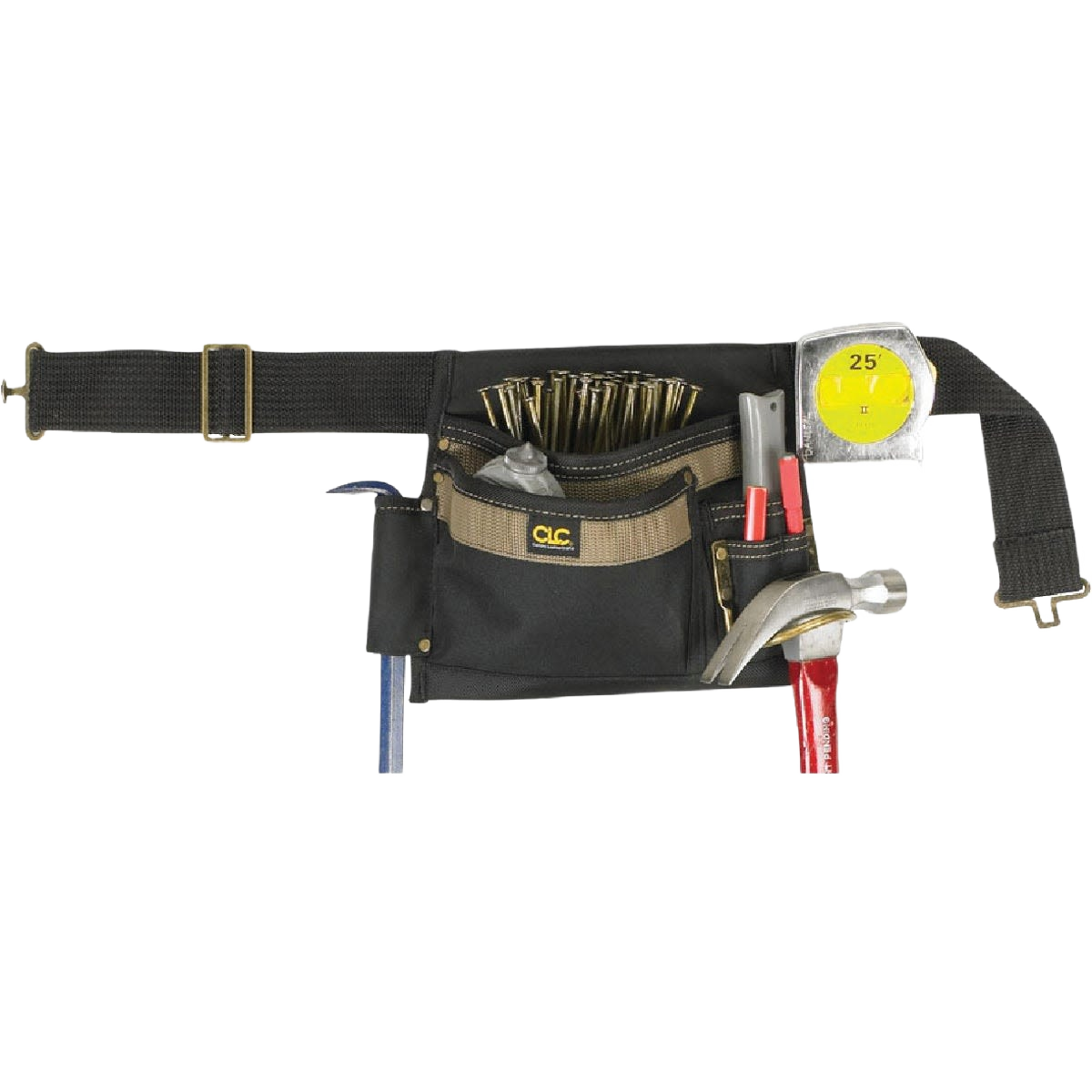 Black 6-pocket carpenter apron with adjustable belt holding nails, hammer, tape measure, and hand tools for woodworking tasks