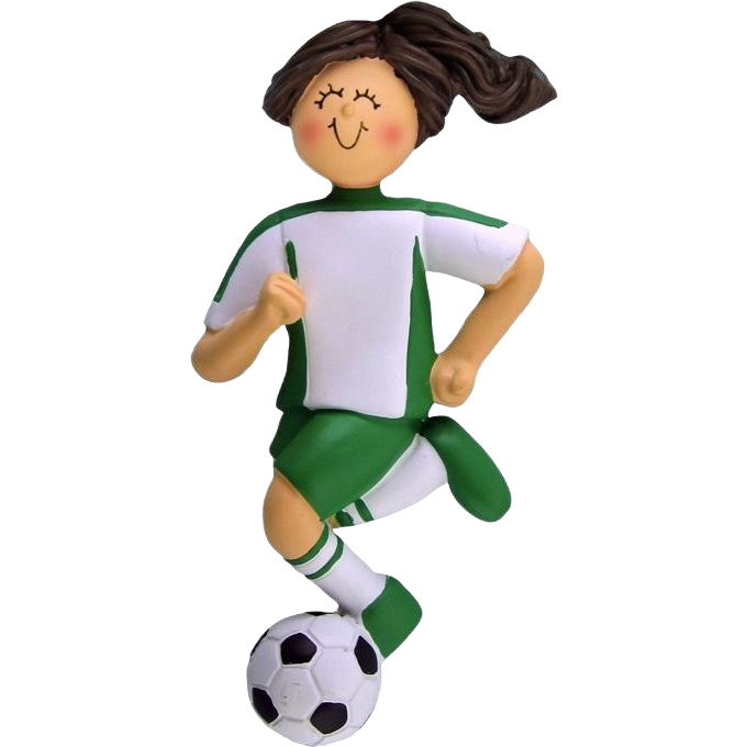 Brunette girl in green and white soccer uniform kicking black and white ball, festive Christmas tree ornament under 50 dollars