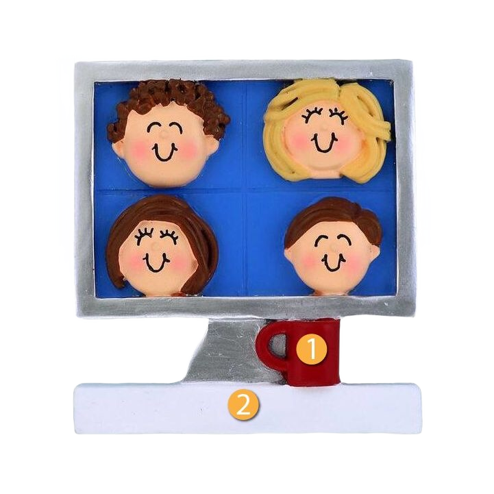 Personalized video meeting Christmas ornament with smiling cartoon faces on blue screen and red mug for tree decor under $50 collection
