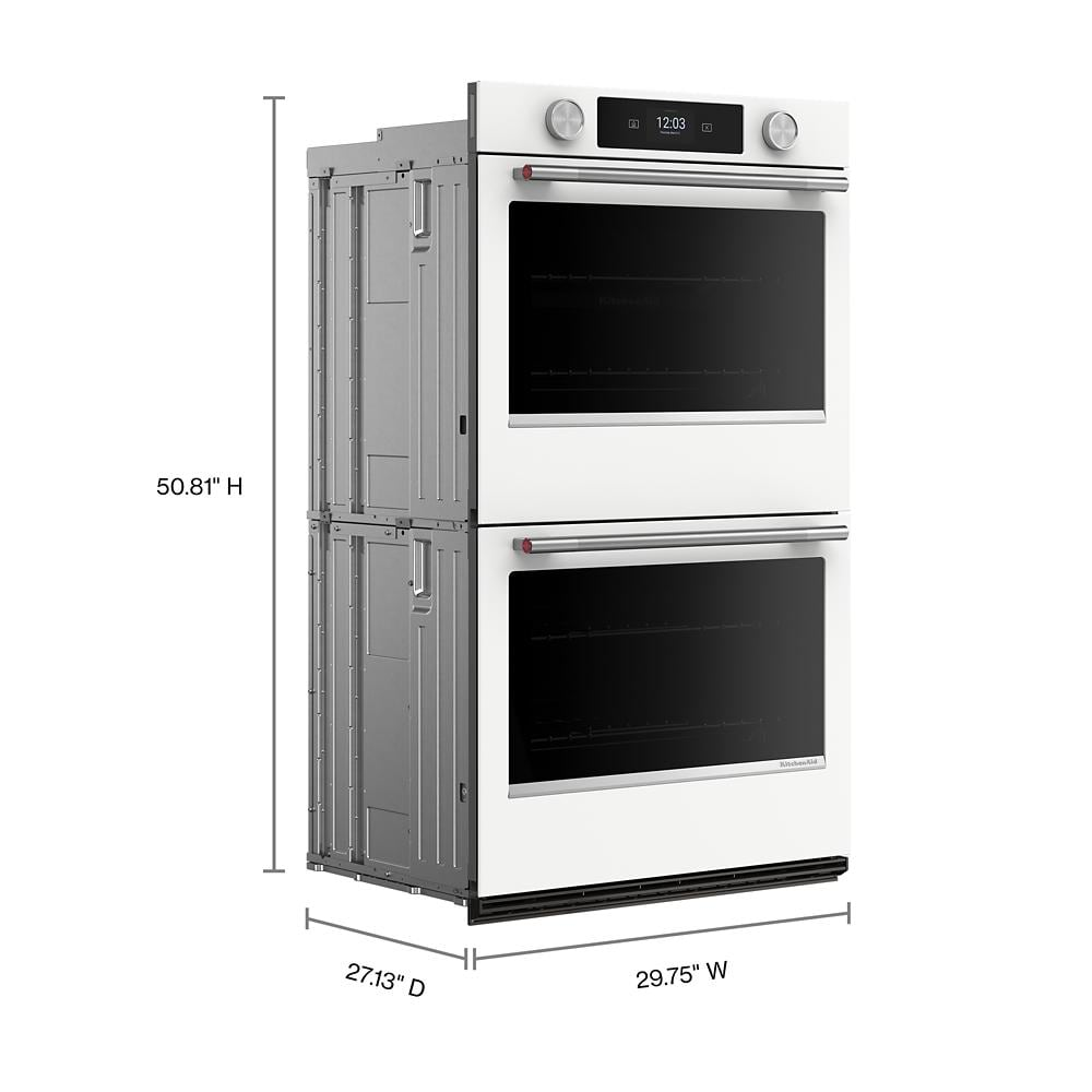 30-inch white smart electric double wall oven with digital display and dual stainless handles from KitchenAid Appliances collection
