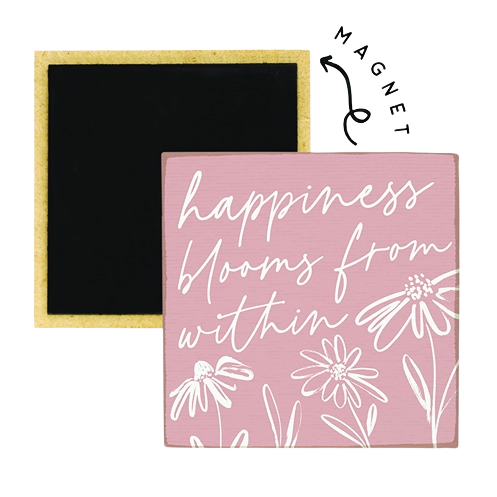 Pink square magnet with white floral design and cursive quote for home accents and decor collections under $50