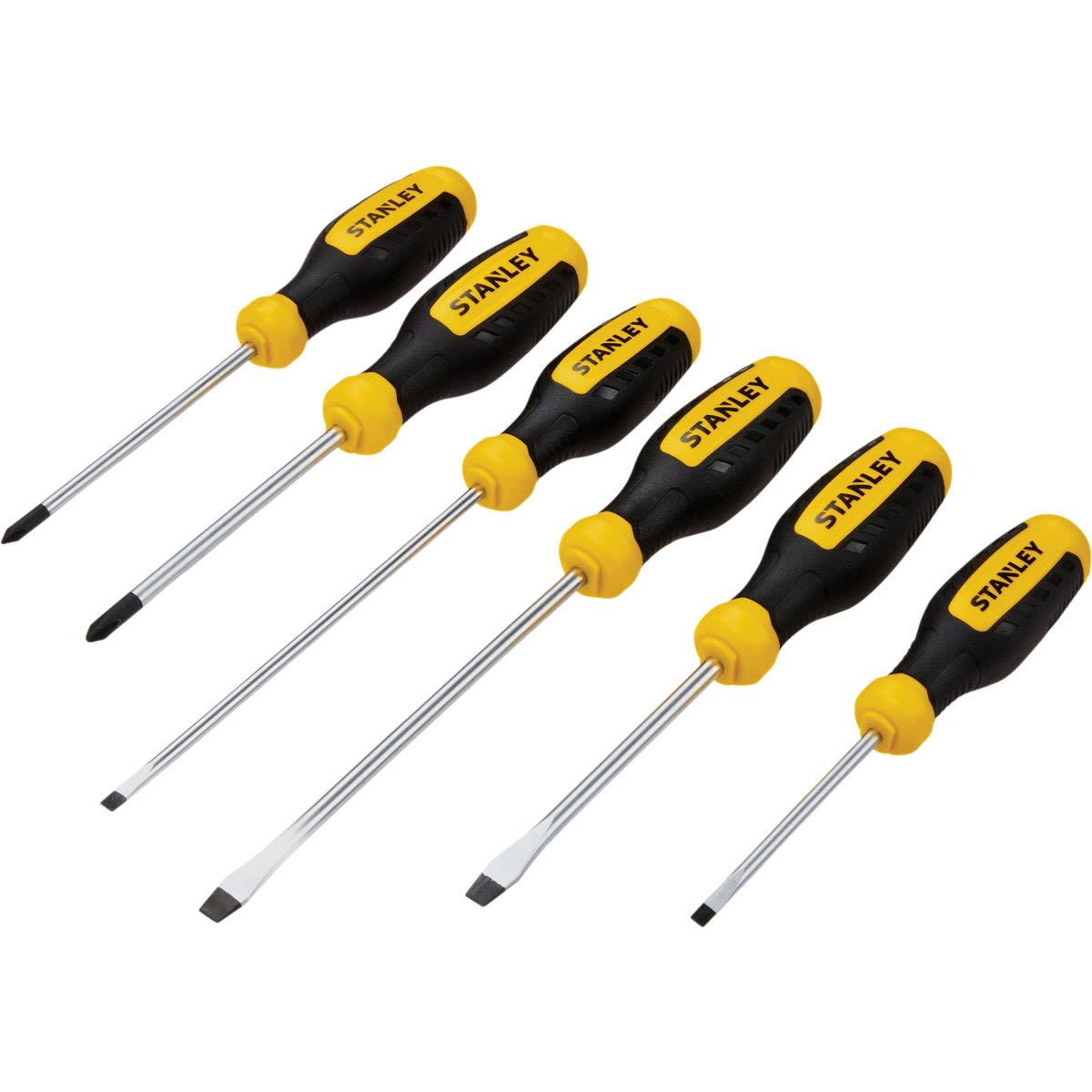 Set of six black and yellow screwdrivers with ergonomic handles for tools and home improvement tasks