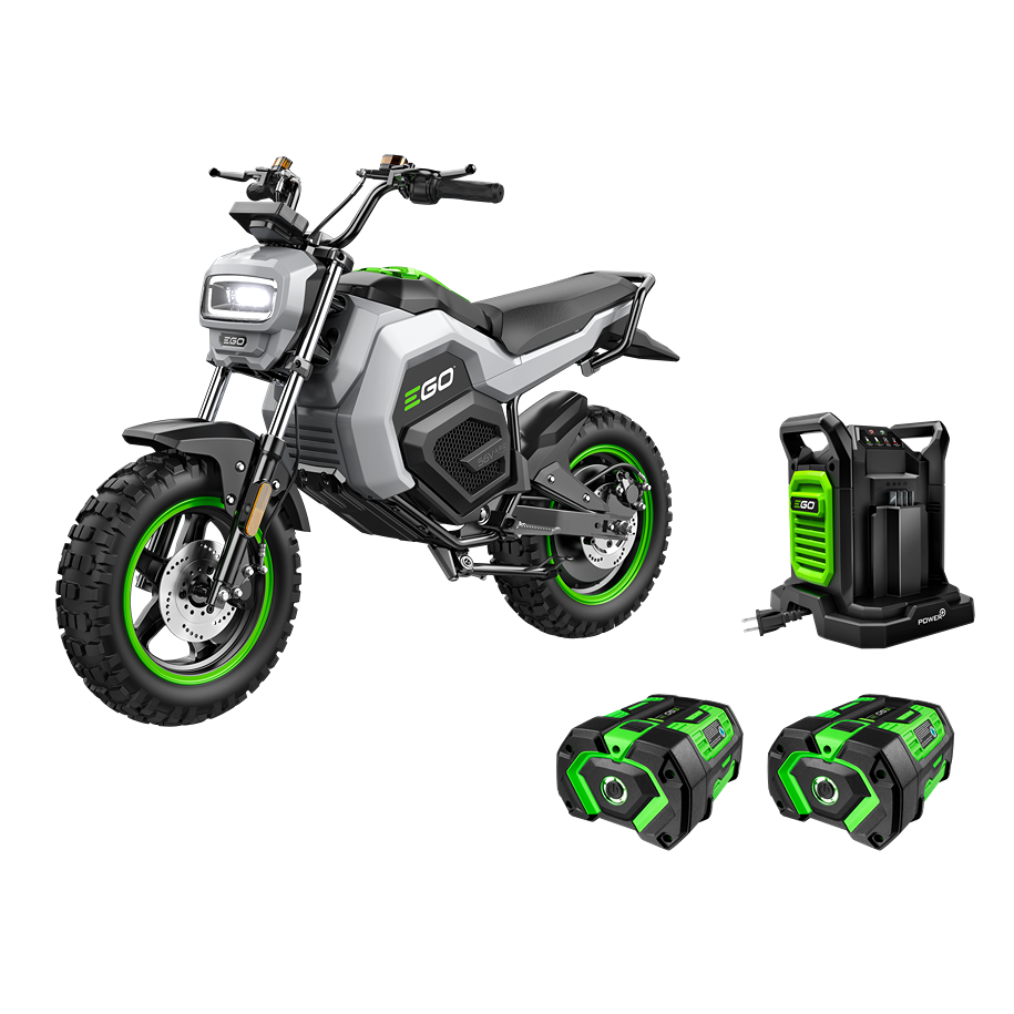 Electric mini bike with green-accented hub motor, two lithium batteries, and dual charger for home improvement tools collection