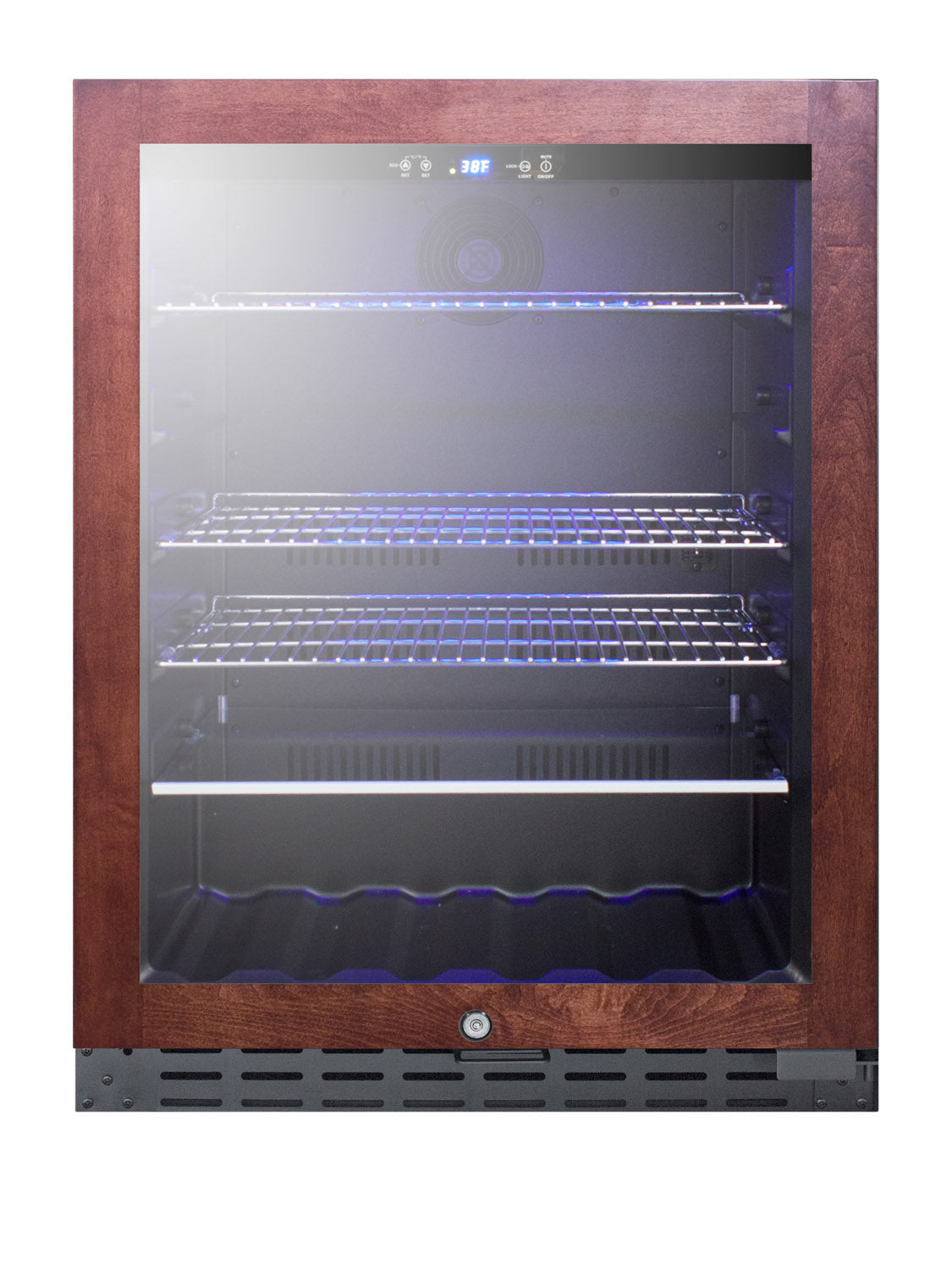 Built-in beverage cooler with wood frame and glass door, adjustable wire shelves, kitchen appliance in refrigerators collection