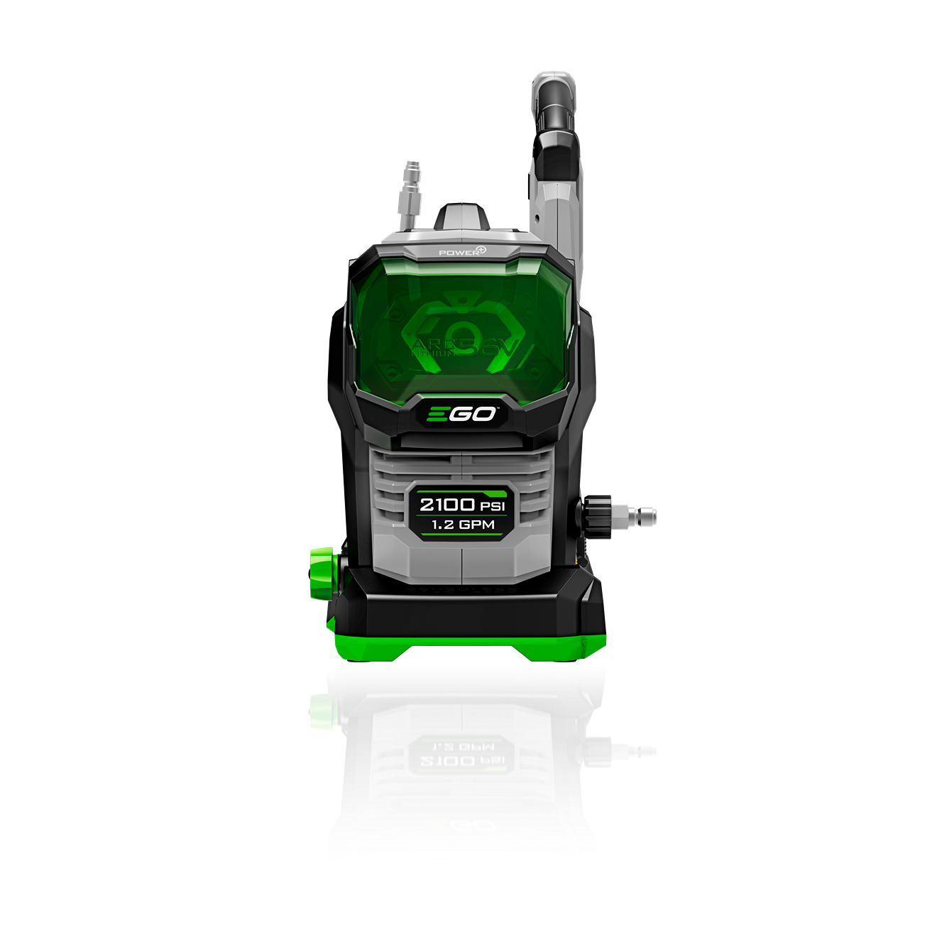 Front view of compact battery-powered pressure washer with green accents and digital pressure display for home improvement tasks