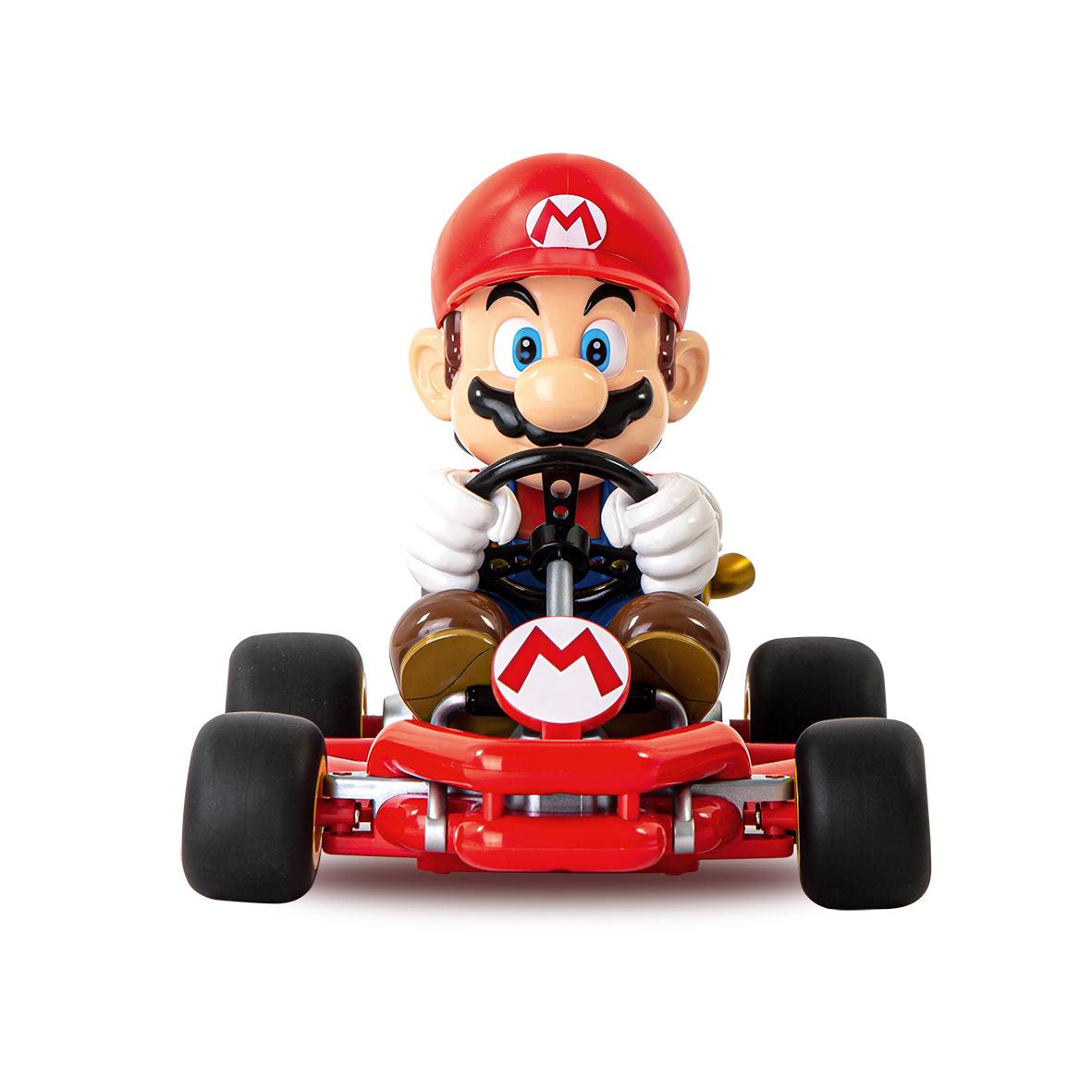 Front view of red pipe kart with Mario figure gripping steering wheel and wearing signature red cap and gloves