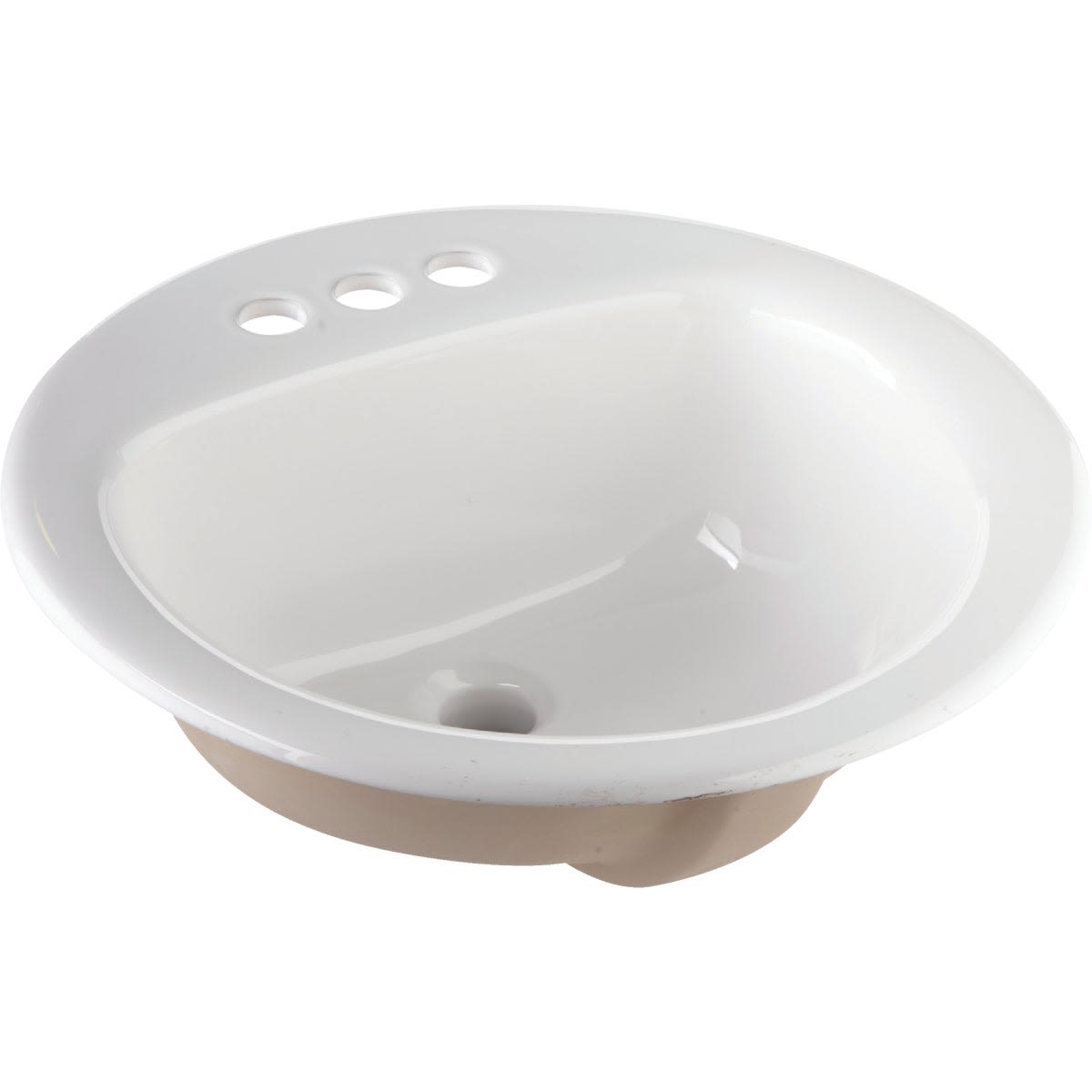 White round drop-in bathroom sink with self-rimming edge and three faucet holes for home improvement projects