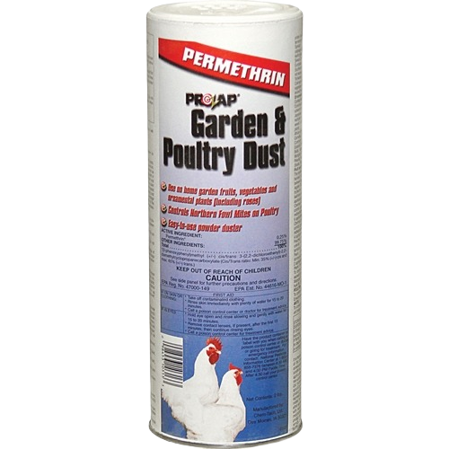White cylindrical container of Prozap garden and poultry dust with chicken illustration for farm and pet supplies under $50 collections
