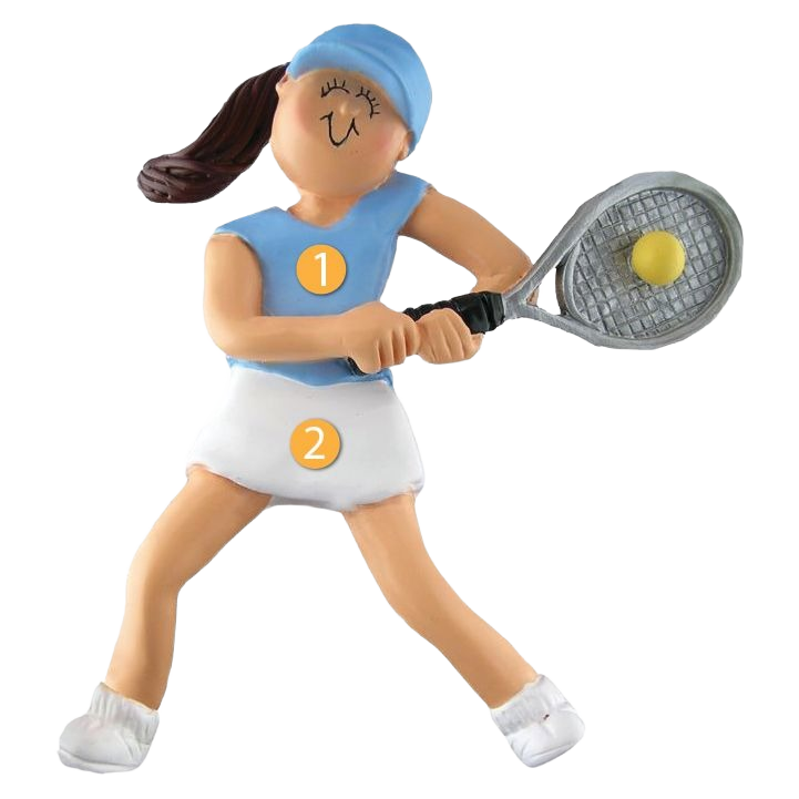 Brunette female tennis player ornament in blue top and white skirt holding racket with yellow ball in Christmas collection