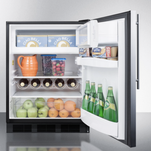 24" wide ADA-compliant refrigerator-freezer with left door swing, stocked with beverages and fresh produce in kitchen setting