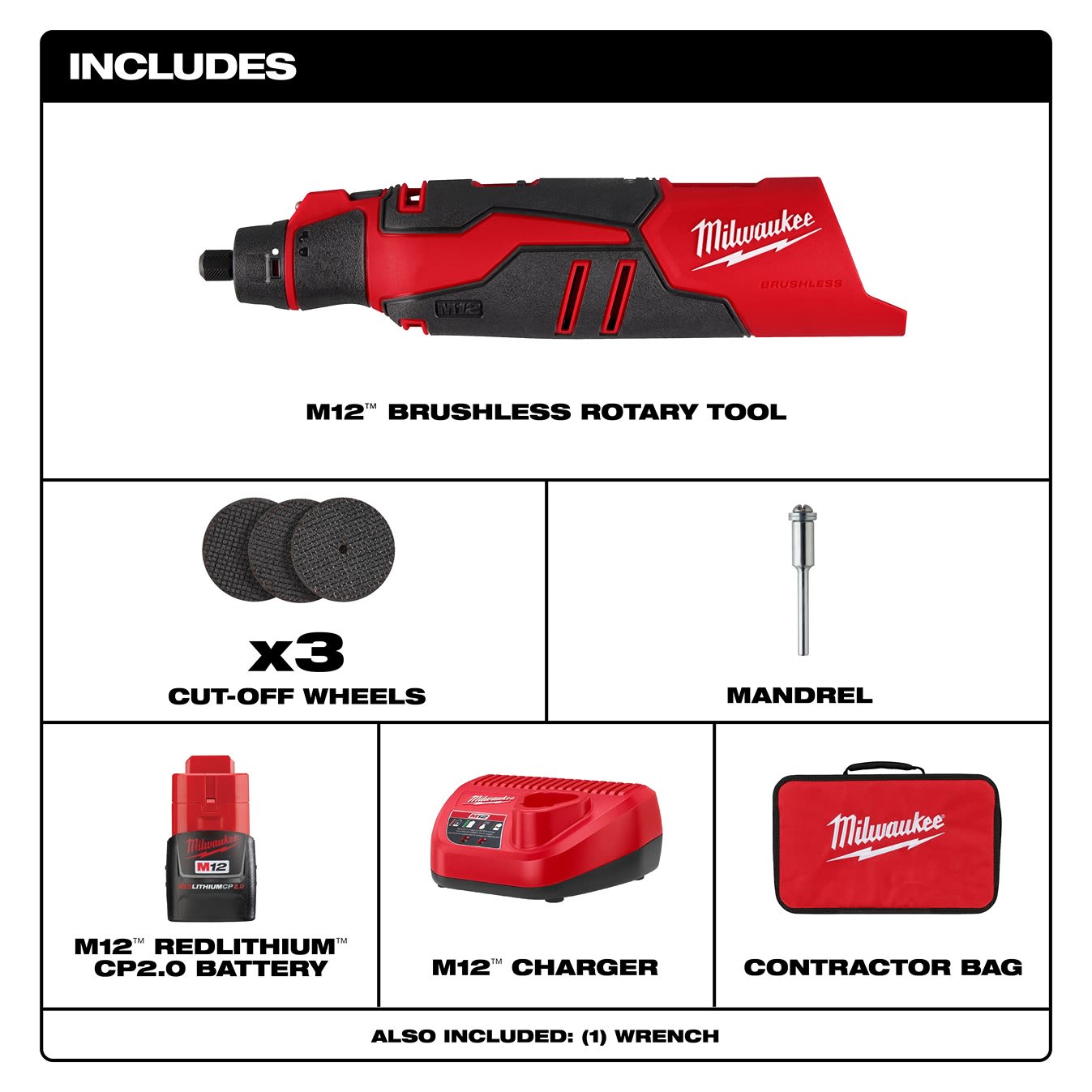 Red and black cordless brushless rotary tool kit with battery, charger, cut-off wheels, mandrel, and contractor bag for home use