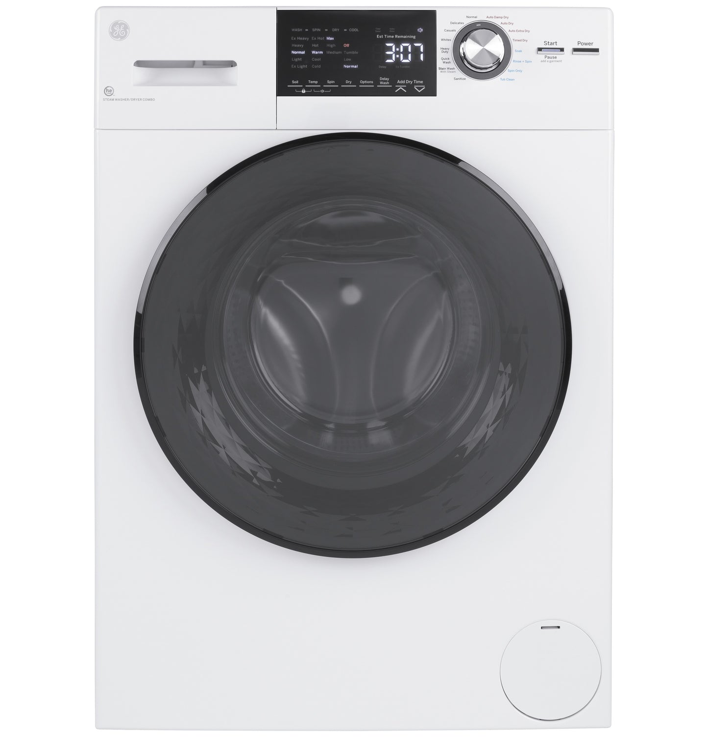 White front load washer and dryer combo with dark circular door, digital display, and control dial in washers collection