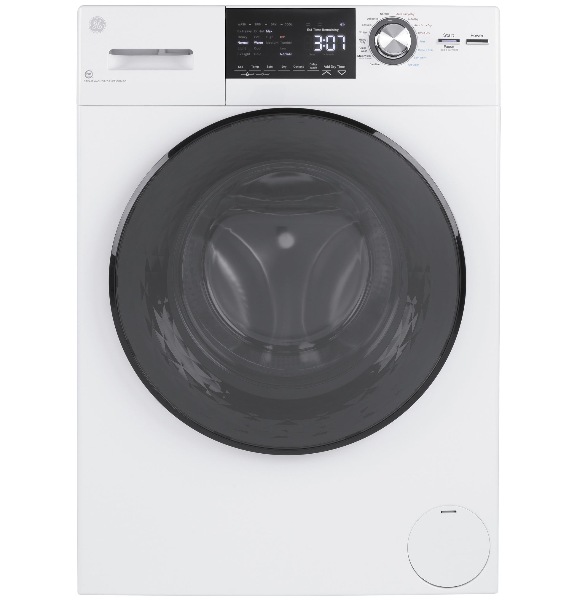 White front load washer and dryer combo with dark circular door, digital display, and control dial in washers collection