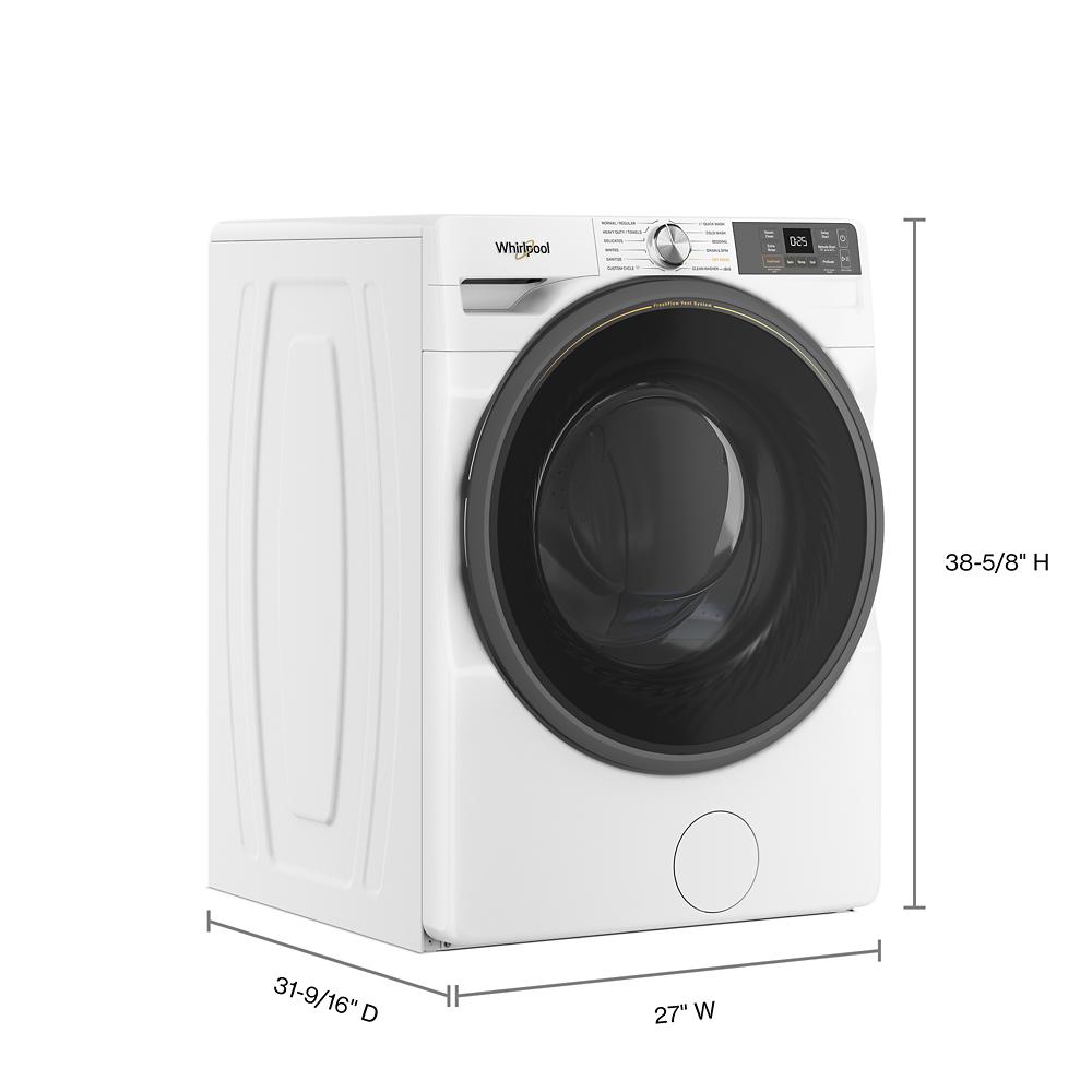 White front load washer with large black door and digital controls, part of front load washers and appliances collection.