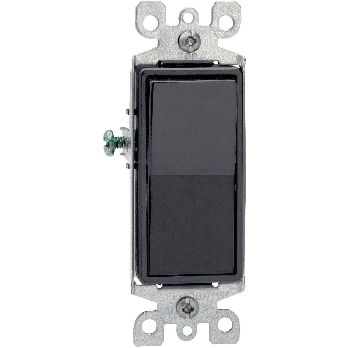 Black rocker switch with metal mounting frame for electrical wiring in home improvement and rocker wall plate collections