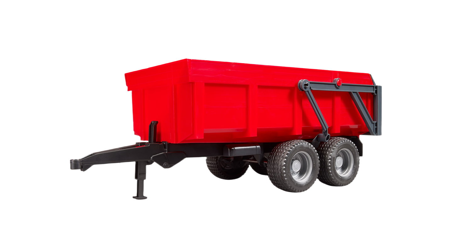 Red tipping trailer with rugged dual wheels and black frame designed for hauling in home improvement projects