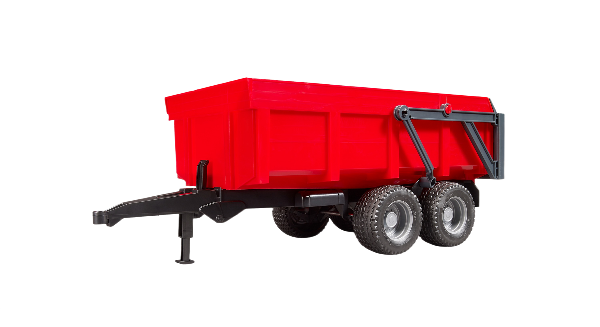 Red tipping trailer with rugged dual wheels and black frame designed for hauling in home improvement projects