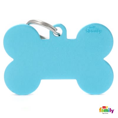 Light blue bone-shaped pet ID tag with metal ring for attaching to collars, featuring subtle branding detail