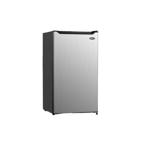 Compact brushed stainless steel refrigerator with single door and reversible hinge in kitchen appliances collection