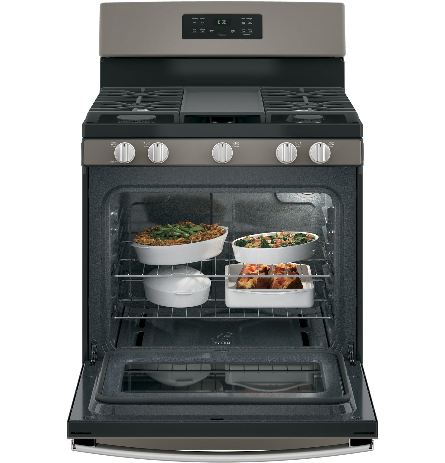 Free-standing gas range in matte dark stainless steel with open oven showing dishes inside in Ranges and Kitchen collections