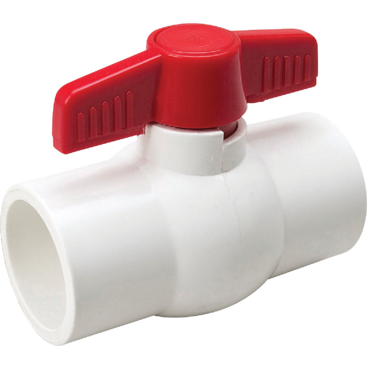 White PVC ball valve with red quarter-turn handle for plumbing and home improvement projects under $50