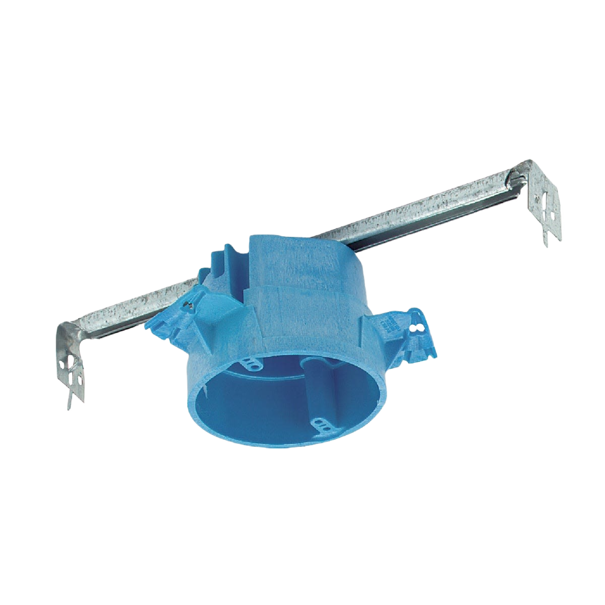 Blue plastic ceiling box bracket with adjustable metal mounting strap for secure electrical installations in home improvement projects