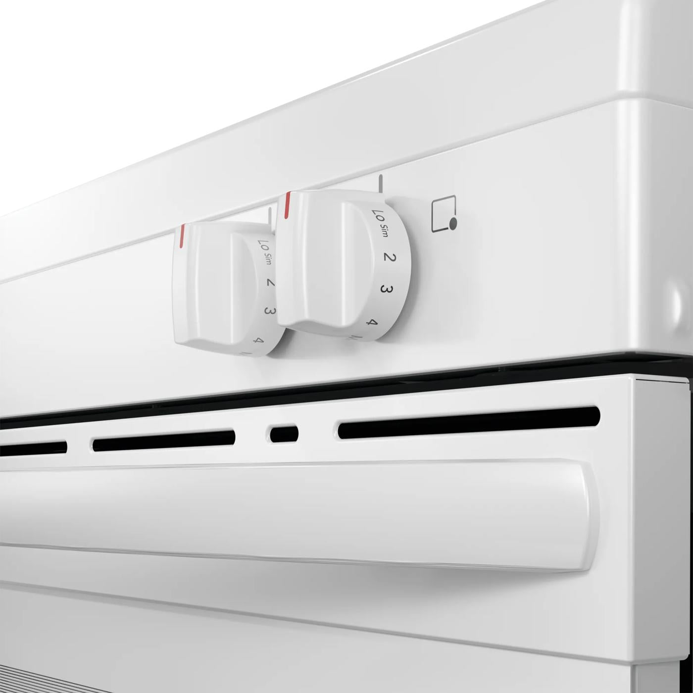 Close-up of white electric range control knobs and handle in kitchen appliances and ranges collection