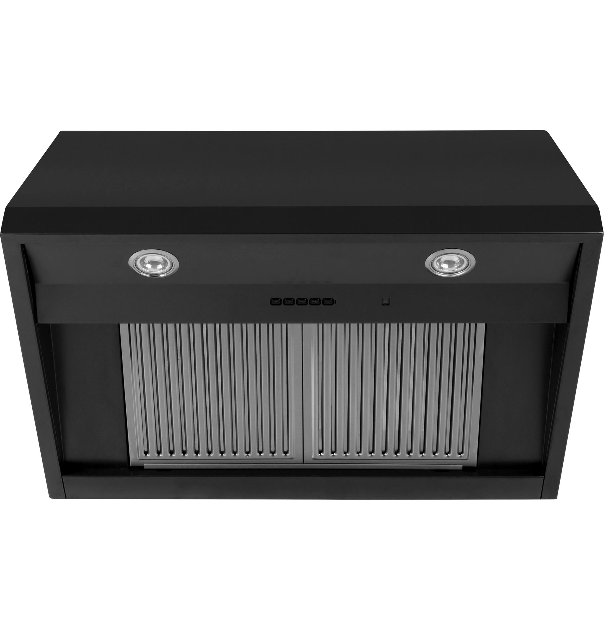 Black commercial kitchen hood with stainless steel baffle filters and built-in lights in Over the Range Hoods collection