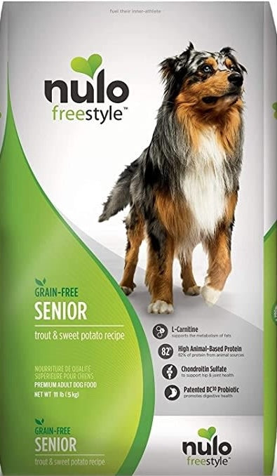24 lb. bag of senior grain-free dog food with trout and sweet potato formula for pet nutrition supplies