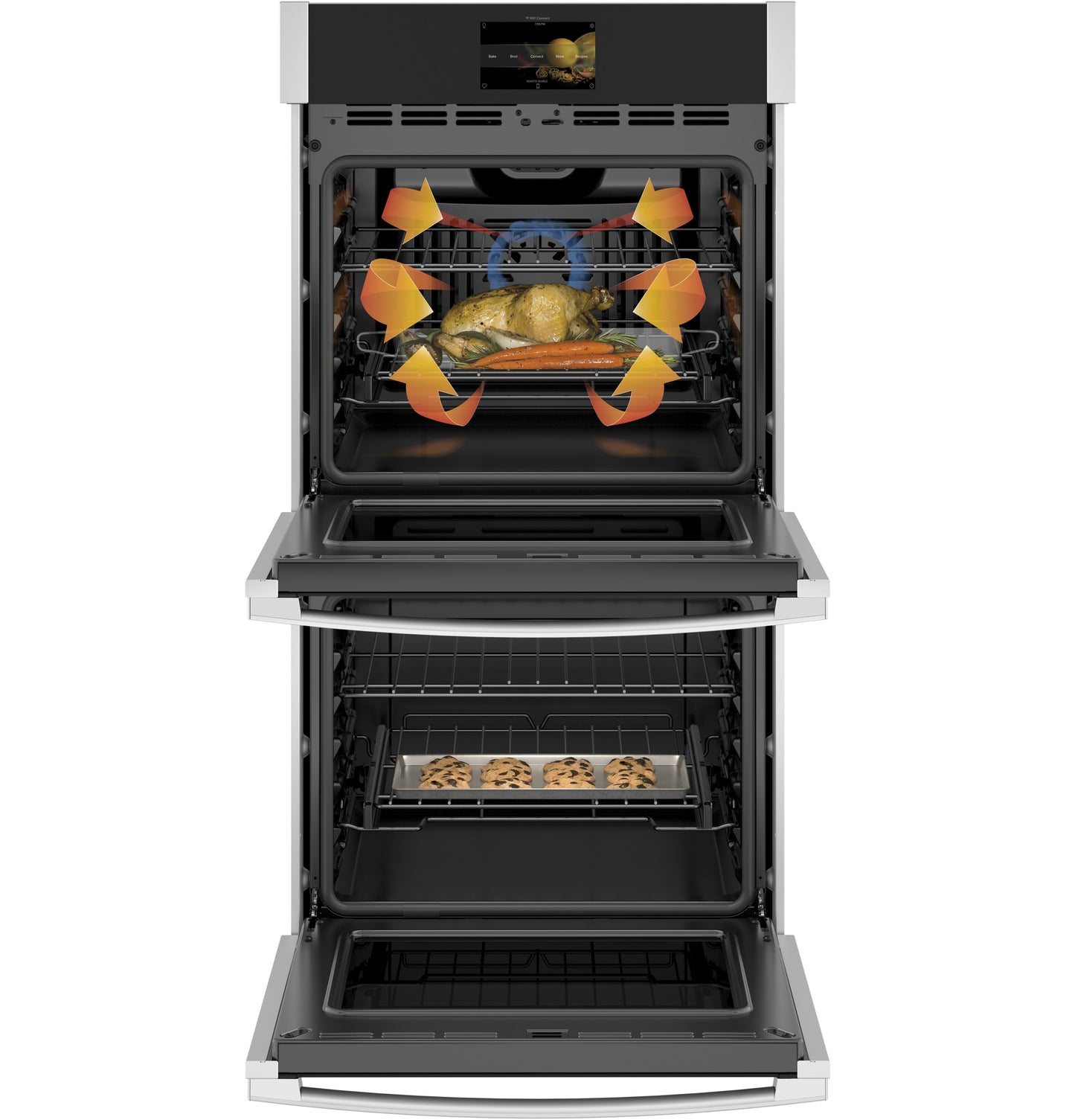 Open double wall oven with convection arrows showing even heat distribution cooking chicken and cookies inside