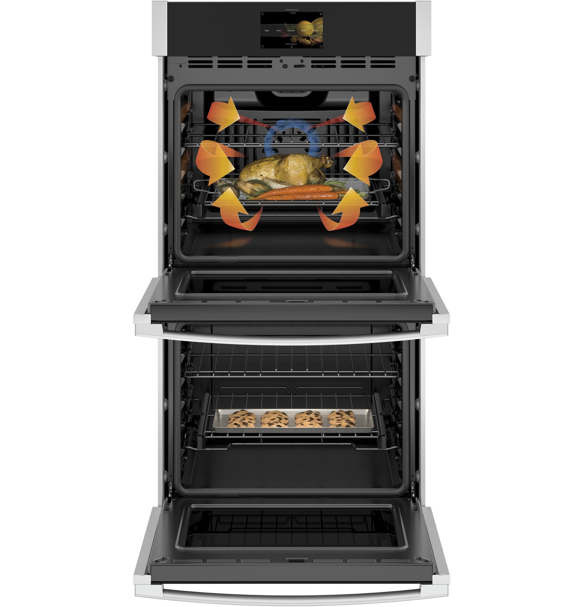 Open double wall oven with convection arrows showing even heat distribution cooking chicken and cookies inside